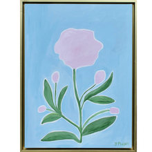 Load image into Gallery viewer, Pink Peonies is a whimsical floral silhouette on canvas. This painting has one large pink bloom and four smaller pink blooms, green leaves a white outline on a blue background.
