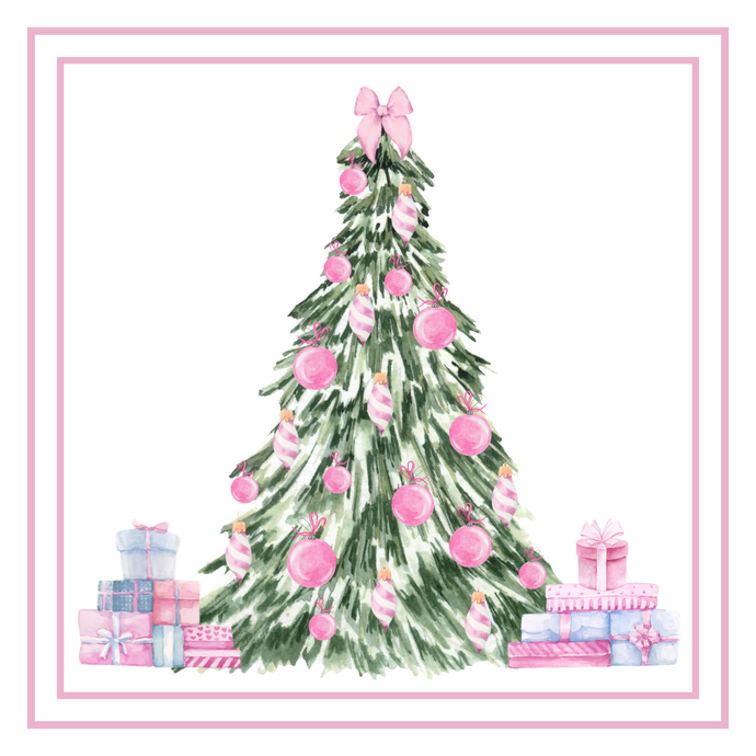 Printable pink and green Christmas gift tags – decorated tree with pink, white, and blue gifts, square design, 2 3/8 inches each