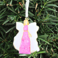 Load image into Gallery viewer, Pink angel Christmas ornament with acrylic cutout, faith-inspired holiday décor.
