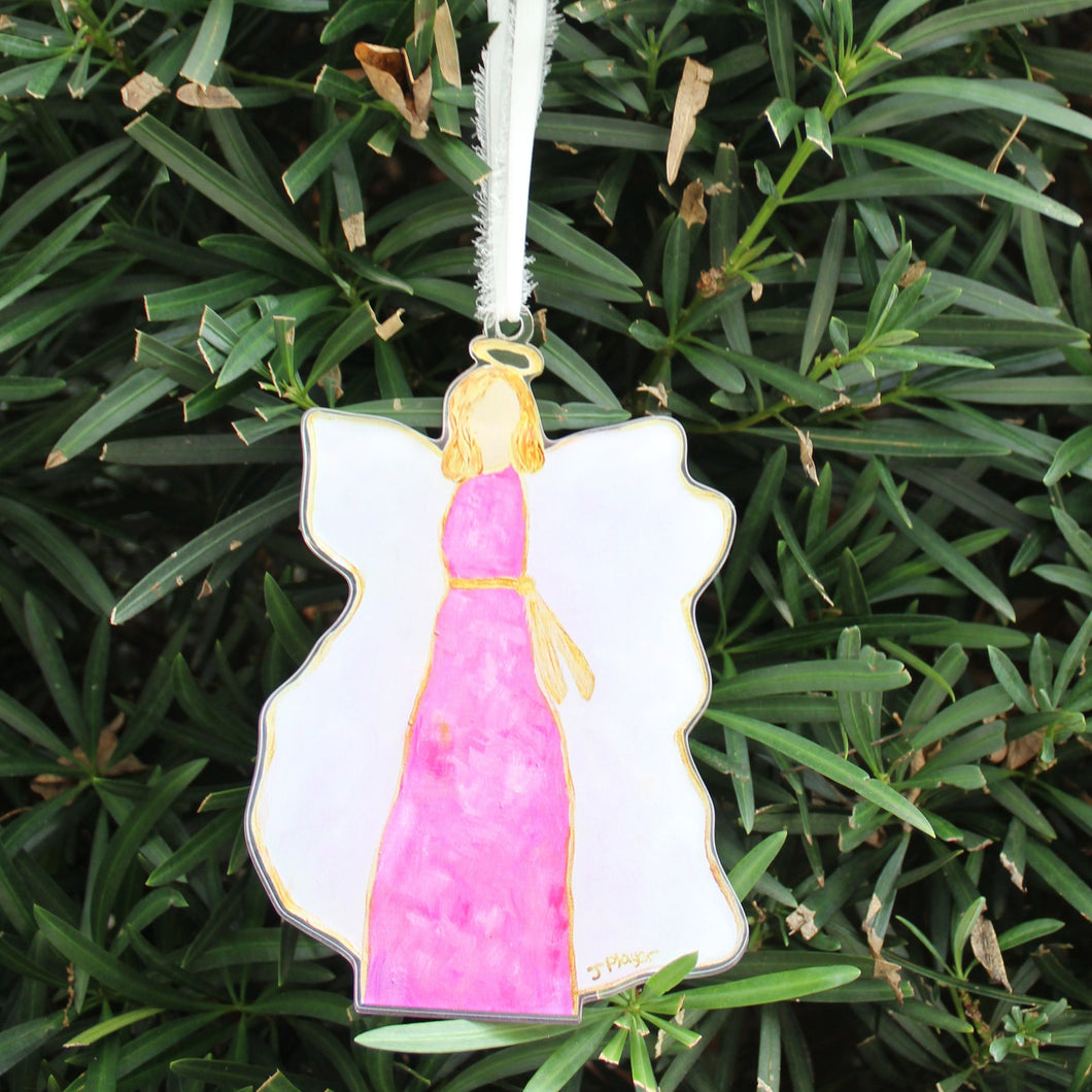 Pink angel Christmas ornament with acrylic cutout, faith-inspired holiday décor.