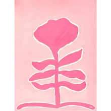 Load image into Gallery viewer, Pink funky botanical silhouette on a lighter blush pink outline with a white border around the flower. This peppy floral painting is vertical.
