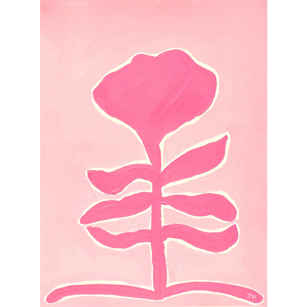 Pink funky botanical silhouette on a lighter blush pink outline with a white border around the flower. This peppy floral painting is vertical.