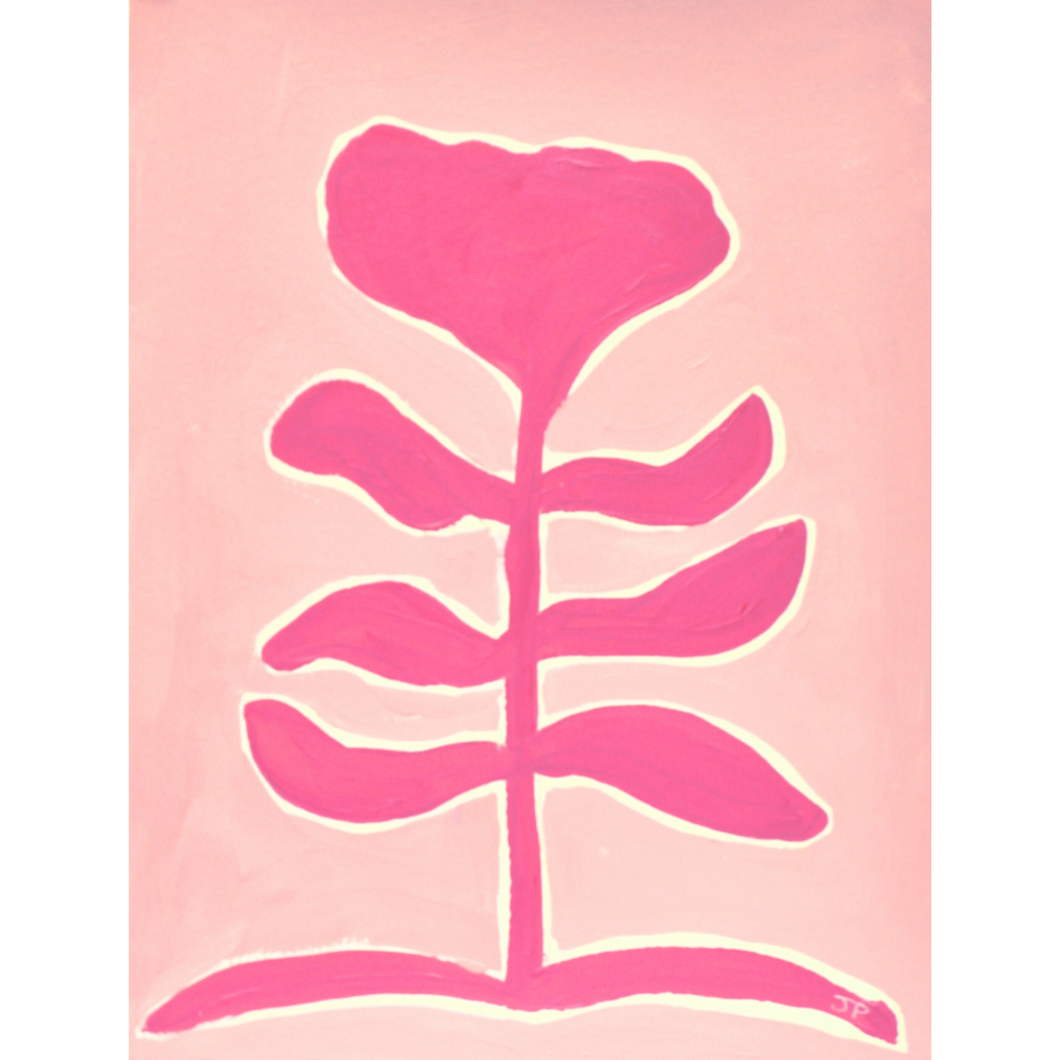 A bright and happy botanical silhouette painting. There is a bold pink flower with a white outline on a blush pink background.  This is a preppy floral painting