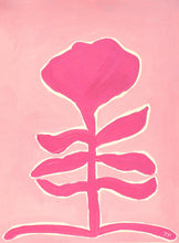 Load image into Gallery viewer, Pink funky botanical silhouette on a lighter blush pink outline with a white border around the flower. This peppy floral painting is vertical.
