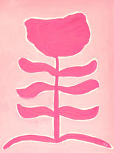 Load image into Gallery viewer, Pink funky flower silhouette on a lighter pink outline with a white border around the flower. This peppy floral painting is vertical.
