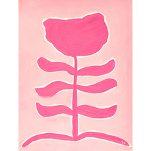 Load image into Gallery viewer, Pink funky flower silhouette on a lighter pink outline with a white border around the flower.  This peppy floral painting is vertical.
