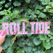 Load image into Gallery viewer, Pink, light pink, white and gold Roll Tide ornament for girls who love the Crimson Tide.
