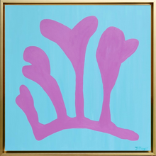 Load image into Gallery viewer, This is a bold and preppy seaweed art design on canvas. This painting has shades of pink on a teal background. It comes in a gold float frame.
