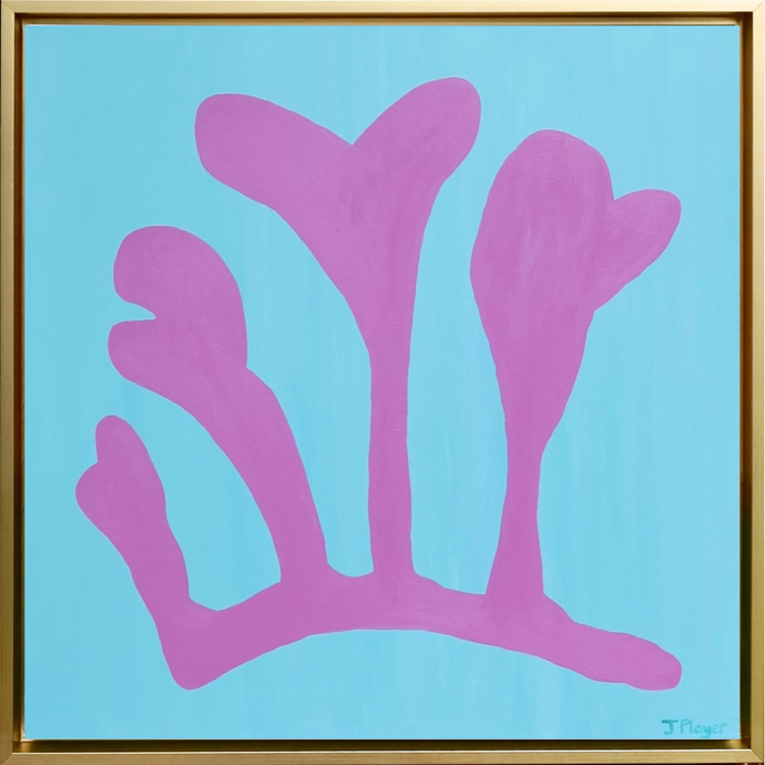 This is a bold and preppy seaweed art design on canvas. This painting has shades of pink on a teal background. It comes in a gold float frame.