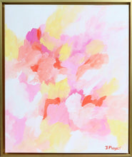 Load image into Gallery viewer, A colorful abstract painting on canvas. This artwork has shades of pink, fuchsia, yellow, coral, orange and white. It is a vertical painting in a gold float frame.
