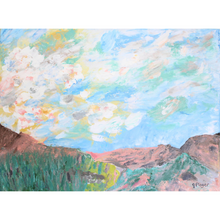 Load image into Gallery viewer, Rocky Mountain is an abstract mountain landscape painting on canvas. This colorful artwork has peach and brown mountain tops with pops of green and yellow grass. This sky has blue background with white clouds. There are shades of green, brown, yellow and peach in the clouds.r
