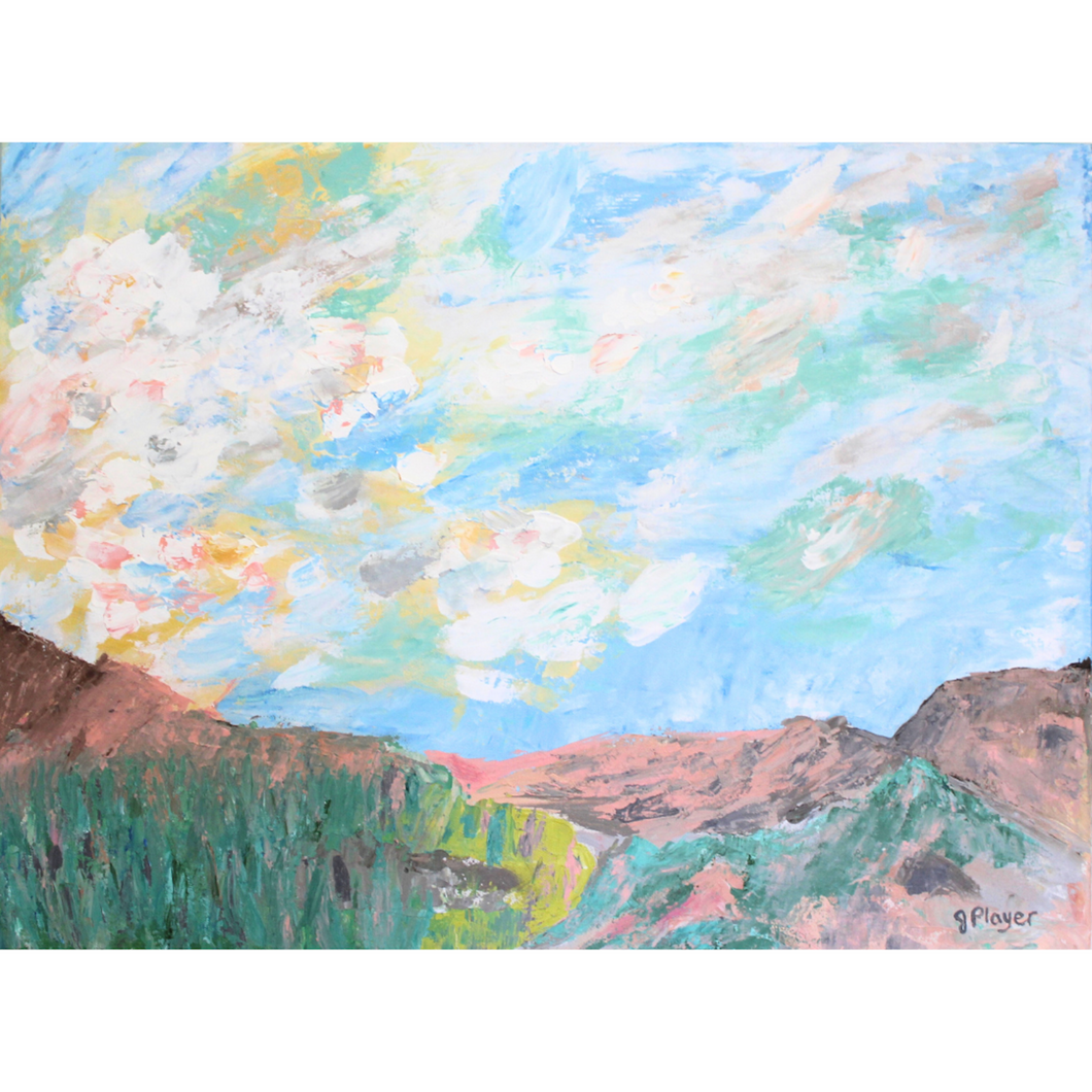 Rocky Mountain is an abstract mountain landscape painting on canvas. This colorful artwork has peach and brown mountain tops with pops of green and yellow grass. This sky has blue background with white clouds. There are shades of green, brown, yellow and peach in the clouds.r