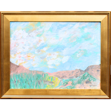 Load image into Gallery viewer, Rocky Mountain is an abstract mountain landscape painting on canvas. This colorful artwork has peach and brown mountain tops with pops of green and yellow grass. This sky has blue background with white clouds. There are shades of green, brown, yellow and peach in the clouds.
