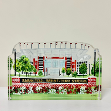 Load image into Gallery viewer, Saban Field at Bryant-Denny Stadium acrylic art block by Jeanne Player. Freestanding shelf sitter cutout featuring original Alabama football artwork in red, green, white, black, and gray. Measures 4.5 x 7 inches, with a 3D effect. Perfect for University of Alabama Crimson Tide fans, students, and alumni.
