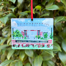 Load image into Gallery viewer, This is an original work of art by Jeanne Player transferred to an acrylic ornament. The image features the iconic Saban Field at Bryant Denny Stadium. The perfect gift for Alabama football fans. Roll Tide.
