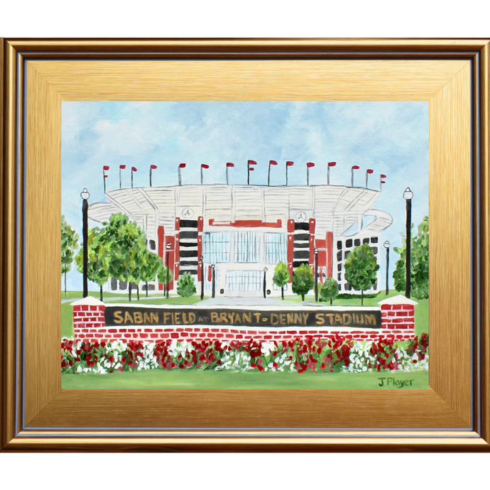 Roll Tide! Original artwork of Saban Field at Byant - Denny Stadium at The University of Alabama. This painting shows the iconic sign in front of the stadium with red and white flowers. The black lampost and red flags flying over the stadium. This painting is a horiontal landscape and comes in a gold plein air frame.