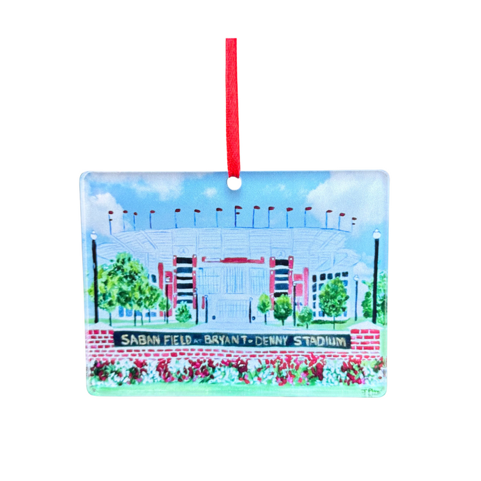 A Chrismtas ornament for Alabama fans. This is the new Saban Field at Bryant Denny Stadium Christmas ornament. It shows the iconic football stadium at the University of Alabama.  It is an original work of art printed on acrylic and has a red ribbon. Roll Tide!