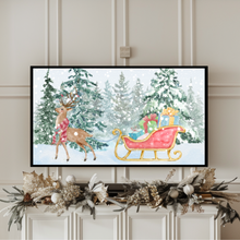 Load image into Gallery viewer, This is art for your smart tv. This is a winter scene with a deer pulling a sleigh full of gifts through the snow. The deer is wearing red and pink scarf.  There are live Christmas trees covered in snow in the background.
