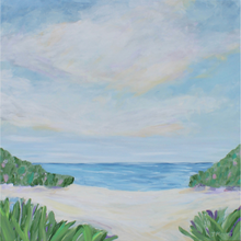 Load image into Gallery viewer, A colorful abstract coastal artwork on canvas. This original painting has blues, greens, purples, white, tan, yellow and pink. There are lush green plants with a beach and the ocean with beautiful highlights in the clouds.
