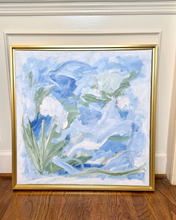 Load image into Gallery viewer, Sea Glass Garden – Original Coastal Abstract Painting | Blue Green Floral Wall Art in Gold Float Frame (24x24)
