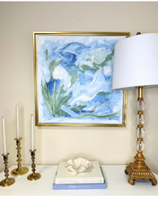 Load image into Gallery viewer, Sea Glass Garden – Original Coastal Abstract Painting | Blue Green Floral Wall Art in Gold Float Frame (24x24)
