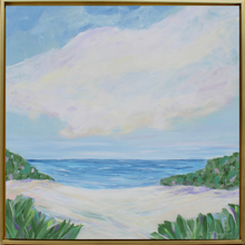 Load image into Gallery viewer, A beautiful and calming beach abstract painting on canvas. This coastal scene has lush greenery an ocean and colorful clouds above. It has shades of green, white, tan, purple, pink, blue and white.  It is a square beach scene
