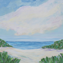 Load image into Gallery viewer, A beautiful and calming beach abstract painting on canvas. This coastal scene has lush greenery an ocean and colorful clouds above. It has shades of green, white, tan, purple, pink, blue and white.  It is a square beach scene.
