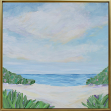 Load image into Gallery viewer, A colorful abstract coastal artwork on canvas. This original painting has blues, greens, purples, white, tan, yellow and pink. There are lush green plants with a beach and the ocean with beautiful highlights in the clouds.
