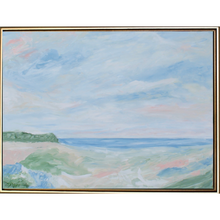 Load image into Gallery viewer, Sea Salt is a peaceful original coastal painting on canvas. This colorful and wispy beach scene has shades of blue, white, tan, green, pink and coral.  It is in a horizontal gold float frame.
