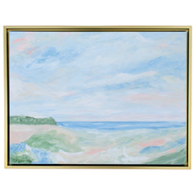 Load image into Gallery viewer, Sea Salt is a peaceful original coastal painting on canvas. This colorful and wispy beach scene has shades of blue, white, tan, green, pink and coral. It is in a horizontal gold float frame.
