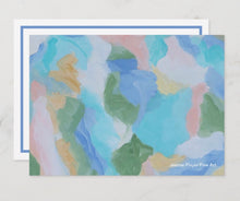 Load image into Gallery viewer, The Seaglass Note card set has shades of blue, aqua, green, yellow, white and coral. The other side of the card has a blue border. Preppy Coastal  Note cards
