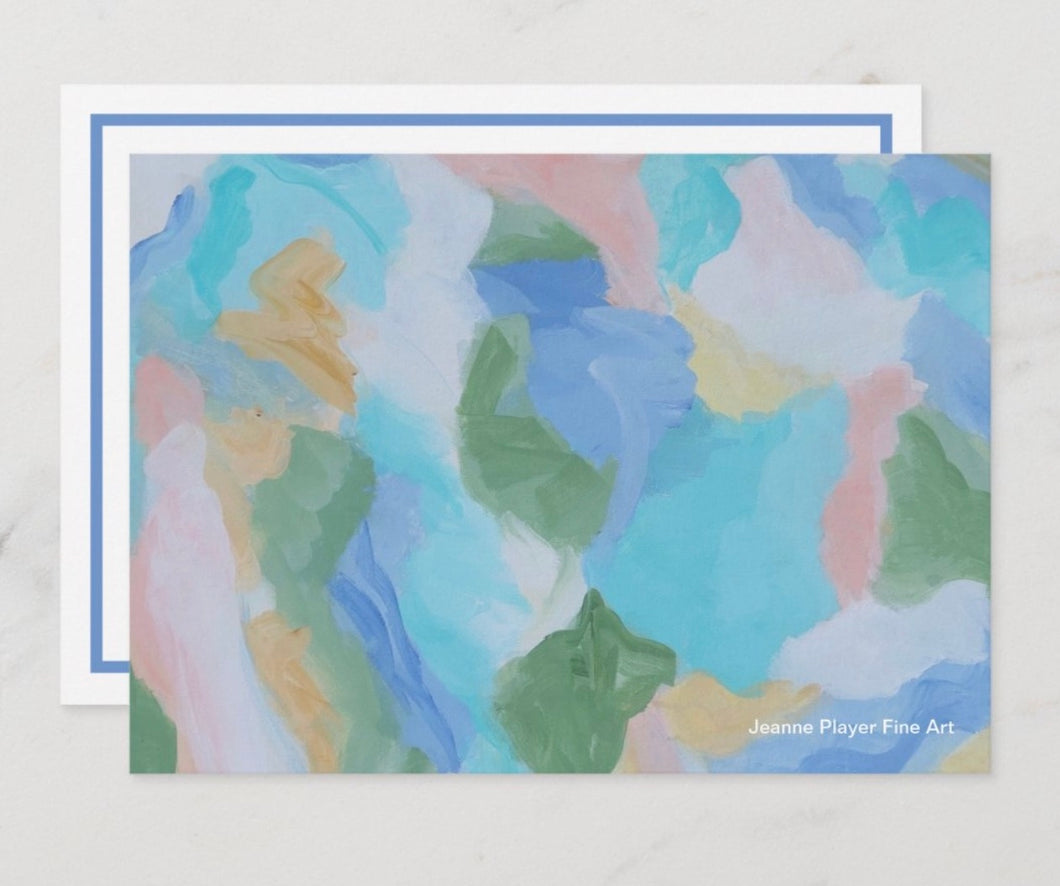 The Seaglass Note card set has shades of blue, aqua, green, yellow, white and coral. The other side of the card has a blue border. Preppy Coastal  Note cards