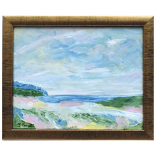 Load image into Gallery viewer, Seaside Serenity is an abstract coastal painting on canvas. This colorful painting has shades of blue, green, pink, coral, white and yellow.  It is horizontal painting in a champagne colored frame.  It has a beautiful soft color palette.
