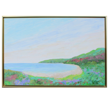 Load image into Gallery viewer, Secluded Beach is an abstract coastal landscape painting on canvas. This painting was inspired by Magens Bay in the US Virgin Islands. It has lush greenery, a bay with a shore line. It has shades of blue, tan, white, lime, green, red, pink, purple. It is  a vertical painting is a gold float frame.
