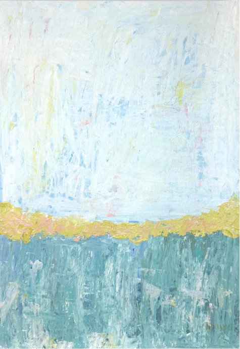 Vertical abstract painting on paper with white at the top, blue-green at the bottom, and a textured yellow and pink band across the middle. Artwork features soft coastal colors in blue, green, white, pink, and yellow with a minimalist, modern design