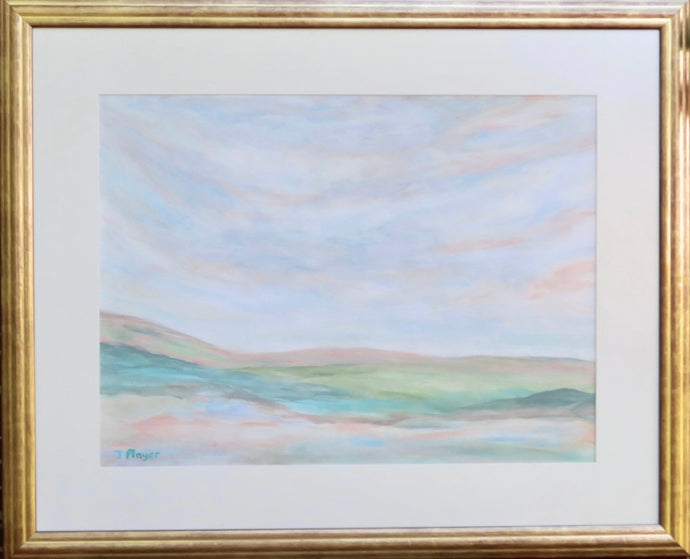 This is a neutral abstract landscape painting on paper. It has shades of blue, green, gray, brown, coral and white. It shows a gentle rolling field with clouds in the distance.