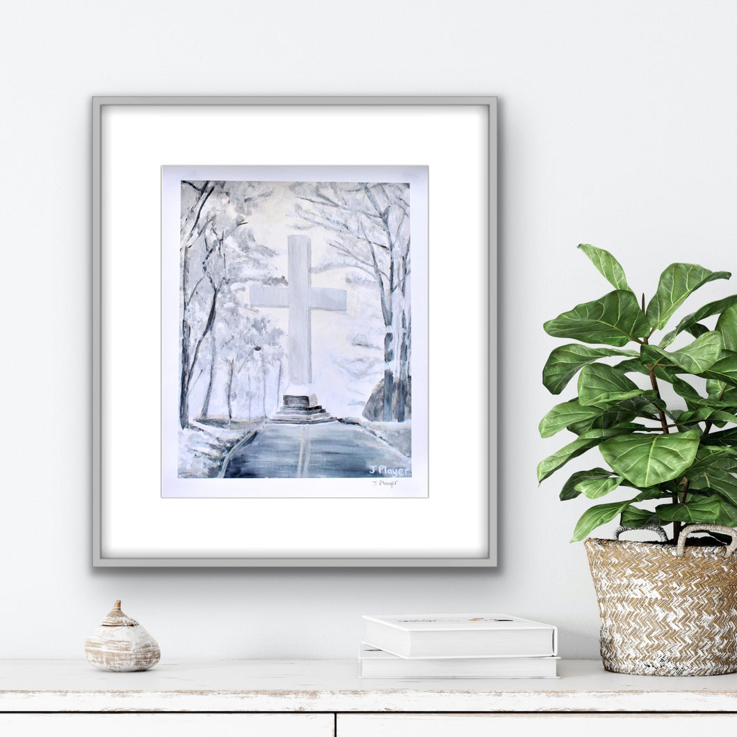 Monochromatic giclée art print of the Sewanee Memorial Cross overlooking Franklin County valley, capturing the historic monument's serene presence.
