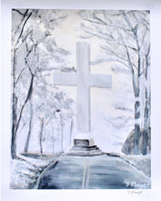 Load image into Gallery viewer, Sewanne Memorial Cross is a giclee print on paper. This monochrome print features a cross in a winter landscape. It is a snowy scene with trees lining the side of the road leading to the cross. This is a memorial cross in Sewanee, TN. The Univeristy of the South. This print is signed by the artist Jeanne Player

