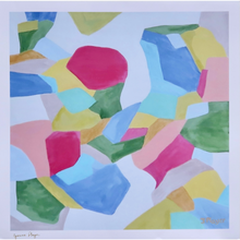 Load image into Gallery viewer, Soiree is an abstract art print on paper. This painting has some geometric shapes. It has shades of blue, green, yellow, red, white and gray. It has a white border and is square.
