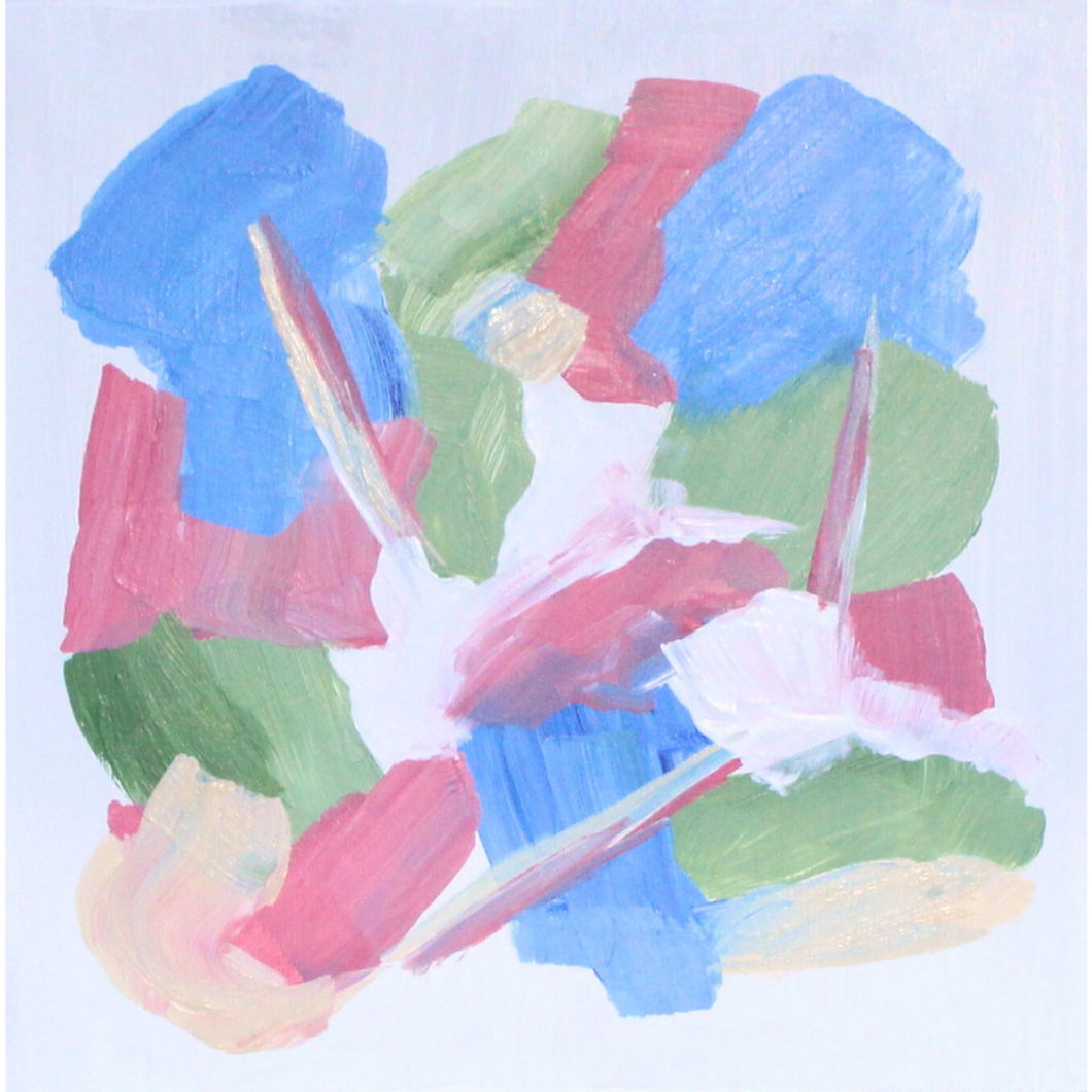 Soiree is a colorful abstract shelf sitter. This original piece of art is square. It has shades of blue, green, rose and tan on a white background.