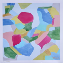 Load image into Gallery viewer, Preppy and colorful Abstract Art Print. This print has shades of blue, yellow, green, pink ,rose an dwhite. It is a square print.
