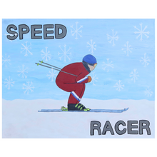 Load image into Gallery viewer, Speed Racer is a pop art style snow ski painting on canvas. This fun and colorful work of art has a snow skier in a red ski suit in a tuck position on flat ground. There is white snow and a blue background with big white snowflakes. The words Speed Racer are written in big gray letters outlined in black. This is a horizontal painting.
