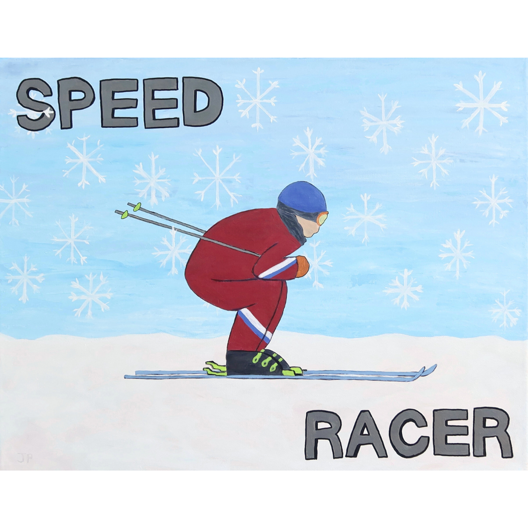 Speed Racer is a horizontal painting on canvas.This fun and whimsical piece of snow ski art has a show skier in a tuck position on flat ground. There is a blue sky with very large snowflakes. The skier is wearing a red ski suit with a blue helmet. The word Speed is oversized at the top right and the word Racer is oversized on the bottom left. This is a fun pop art style painting. 