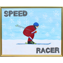 Load image into Gallery viewer, Speed Racer is a horizontal painting on canvas.This fun and whimsical piece of snow ski art has a show skier in a tuck position on flat ground. There is a blue sky with very large snowflakes. The skier is wearing a red ski suit with a blue helmet. The word Speed is oversized at the top right and the word Racer is oversized on the bottom left. This is a fun pop art style painting. 
