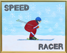 Load image into Gallery viewer, Speed Racer is a horizontal painting on canvas.This fun and whimsical piece of snow ski art has a show skier in a tuck position on flat ground. There is a blue sky with very large snowflakes. The skier is wearing a red ski suit with a blue helmet. The word Speed is oversized at the top right and the word Racer is oversized on the bottom left. This is a fun pop art style painting. 
