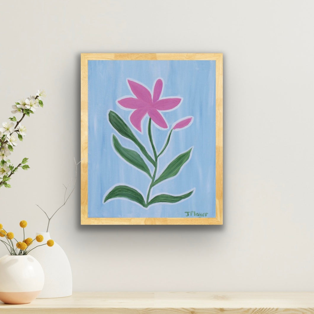 Stargazer Lily Floral art print. Vertical 11x14 inch giclée art print of pink stargazer lily blooms with green leaves outlined in white on a blue background, designed by Jeanne player.  Perfect for a dorm room art, girls bedroom art, nursery art for girls, living room art print.