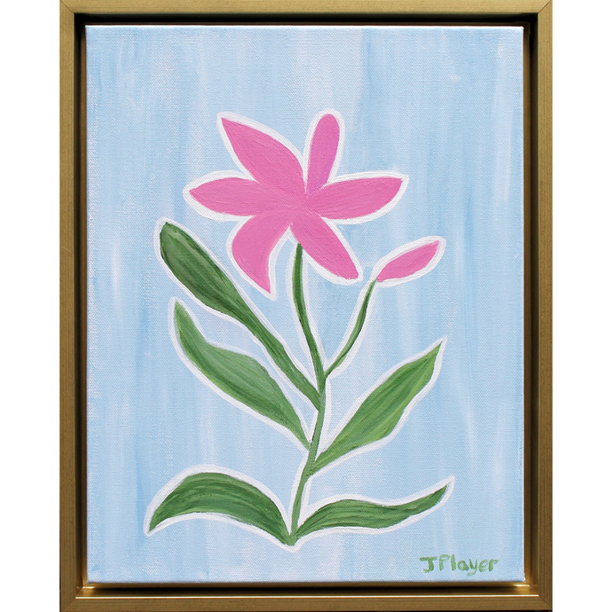 Stargazer is a whimsical floral silhouette on canvas. This fun painting has a pink bloom, a pink bud, five green leaves all outlined in white on a blue background. It is a vertical original artwork in a gold frame.