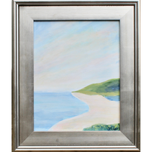 Load image into Gallery viewer, Summer Days is an abstract beach painting on canvas. This painting show the beach with calm blue water lush greenery and hills sloping into the water. The sky has shades of blue white and tan. It is in a silver plein aire frame.
