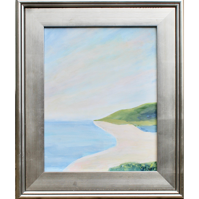 Original abstract beach painting on canvas with soft blue, green, and pink tones, framed in silver. Textured ocean-inspired artwork titled Summer Days, shown in elegant silver float frame. Close-up of palette knife texture and coastal color palette in original canvas painting.