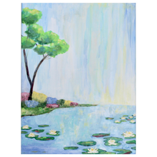 Load image into Gallery viewer, Summer Landscape is an abstract landscape painting featuring a garden pond with water lilies in bloom. There is a colorful garden on the right with a single tree. The sky has shades of blue, teal, yellow and white. This is a vertical painting.
